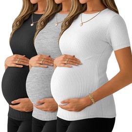 Ficerd 3 Pack Women's Maternity Shirts Short Sleeve Ribbed Pregnancy Tops Crew Neck Basic Tees Summer Mama Clothes(White, Light Gray, Black,Medium)