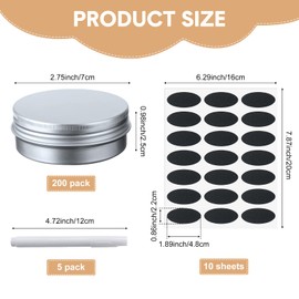 200 Pack Metal Tins Aluminum Containers with Lids Screw Top Round Tin Cans for Cosmetic Lip Balm DIY Salves Candles Wax with 5 Markers 10 Sheets Label Stickers (2 oz, Silver)