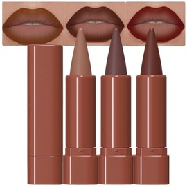 evpct 3Pcs Warm Brown Maroon Dark Wine Red Matte Lip Liner and Lipstick Combo Set for Women Long Lasting, Cream Gradient Lipstick and Lip Liner Crayon Contour Pencil Makeup, Flawless Ombre Effect