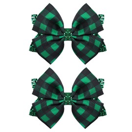 Christmas Green Buffalo Plaid Ribbon Hair Bows Alligator Clips Toddler Girls 4 Inch Glitter Checkered Cheer Hair Pin Barrettes Xmas Holiday Party Dress Decoration Accessories Gift