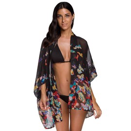 Women's Loose Print Sheer Chiffon Kimono Beach Swim Cover up Cardigan Capes Blouse Tops Black Butterflies