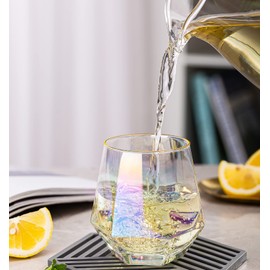 XKXKKE Diamond Wine Glasses Set of 4, 10 OZ Modern Stemless Gold Rim Glass Cups Iridescent Drinking Glassware for Serving Party, Home, Bar, Restaurants, Gift, Rainbow Tumbler, Colorful 4 Pack