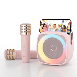 TANALAZ Karaoke Machine 2 Microphones for Home Party with Phone Holder, Wireless Portable Bluetooth Speaker with Dynamic Lights for Kids Adults Mini Voice Changer Mic Speaker Set for Boys Girls