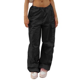 LQI Parachute Pants for Women Y2K Baggy Cargo Pants Drawstring Trousers Low Rise Loose Jogger Sweatpants Black