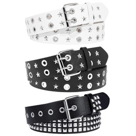 AEXHOT 3 Pcs Black White Star Belt Studded Punk Rock Belt with Grommet Threads Bright Metal Pyramid Gothic Belts for Women Men