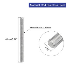 sourcing map Fully Threaded Rod, M12 x 140mm 304 Stainless Steel Right Hand Thread Bar Studs M12-1.75 Thread Pitch for Furniture Machinery Assembly