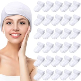 30 Paquetes Diademas de Spa Banda Facial de Maquillaje para Lavarse Cara Ducha Baño Deporte Envoltura Niñas Toalla Ajustable de Poliéster con Gancho y Bucle Antideslizante (Blanco)