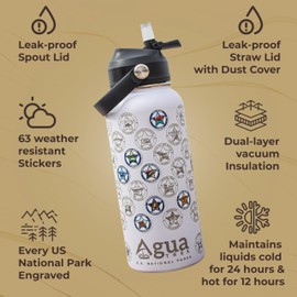AguaTrek Stars and Stripes National Parks Water Bottle with Stickers | 32 Oz Insulated Wide Mouth Stainless Steel Bottle | 2 Lids (Straw & Spout) | BPA-Free and Leak-Proof | Gift-Ready Box [White]