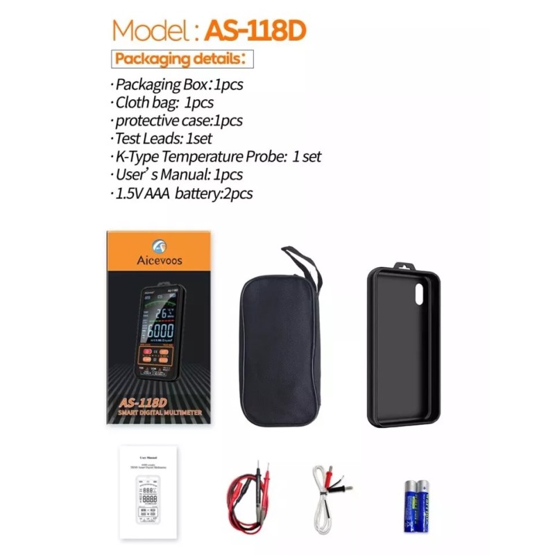 Aicevoos AS-118D Smart Digital Multimeter Auto-Ranging Voltmeter 600V/10A,Ohm,T
