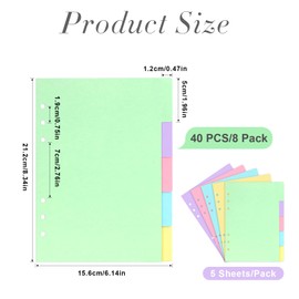 40 Pieces/8 Sets A5 Folder Dividers 6 Holes Loose Leaf Index for Folders 5 Colours Coloured Folder Tabs Horizontal Dividers A5 Paper Sheets for Organising Notebooks