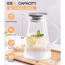 Potdoctor Glass Pitcher with Lid and Handle, 2 Liter 68oz Water Pitcher with Spout for Fridge, Borosilicate Glass Jug for Hot/Cold Drink, Large Ice Tea Carafe for Juice, Coffee, Sangria, Beverage