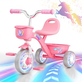 Tricycle for Toddlers 1-3 3-5 Year Olds, Unicorn Toddler Bike Baby Balance Bike with Colorful Lighting Wheels & Large Basket, Birthday Gift and Toy for 1 2 3 4 5 Year Olds Girls
