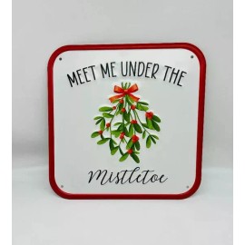 Unbranded New Christmas Vintage Enamel MEET ME UNDER MISTLETOE SIGN Plaque Hanging