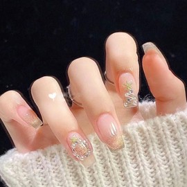 TUOKAY Merry Christmas Press on Nails Cat Eye Effect Christmas Tree Snowflake Glossy Glitter Fake Nails False Nails for Women and female,10pcs (Christmas Cat Eye Type 4)