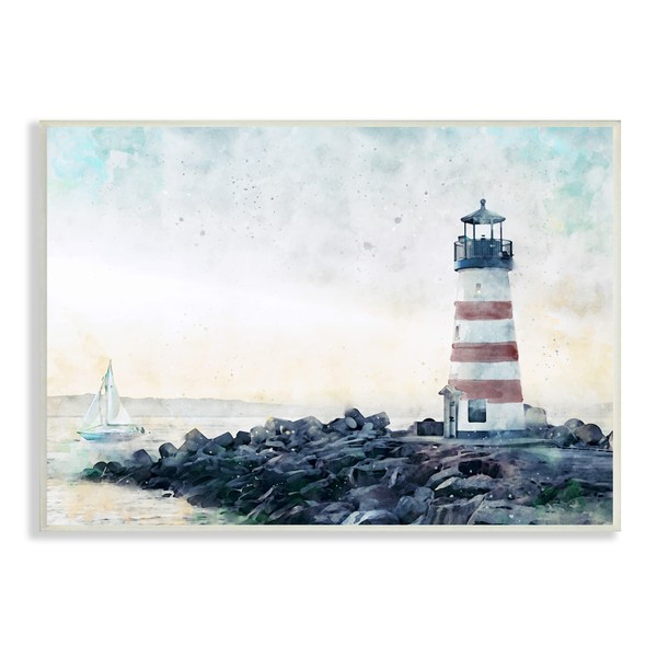 Stupell Industries Red Stripe Lighthouse Rocky Beach Coast Sailboat Waters