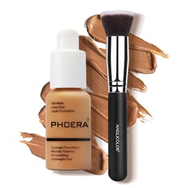 PHOERA Liquid Foundation 30 ml Liquid 24HR Soft Matte Oil Control Full Cover Concealer PHOERA Liquid Foundation Brush Natural Makeup The Best Gift for Women (106)