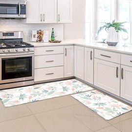 Neasow Minimalist Kitchen Rugs Set of 2, Non-Slip Cushioned Anti-Fatigue Mats for Floor, Simple Teal Leaves Print Comfort Standing Mats 17.3×29+17.3x47 inch