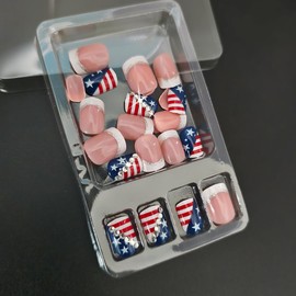 24 Pcs 4th of July Press on Nails Short Square Fake Nails with Sparkly Rhinestones Designs American Flag Glue on Nails Reusable Patriotic Acrylic False Nails for Independence Day Manicure Decorations