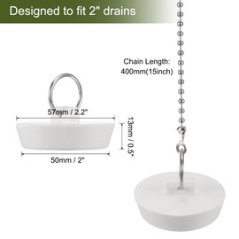 sourcing map 2 Pcs Tub Stoppers, Rubber Bathtub Stoppers 2" Kitchen Sink Drain Stopper, Bathroom Drain Plug with Pull Ring and 15" Beaded Chain, White