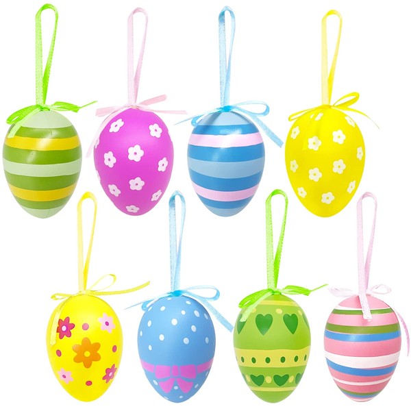 24 Pieces Easter Eggs Hanging Multicolor Plastic Tree Decorations Decorative Egg Ornaments with Different Style Stripes, Dots, Flowers for Easter Decoration