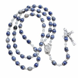 Gifts by Lulee, LLC Our Lady of Lourdes 8mm Lapiz Lazuli Beaded Rosary with Silver Plated Crucifix and Findings Holy Water Centerpiece Includes a Blessed Prayer Card