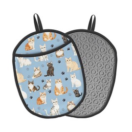 Pot Holders 2 Pack Silicone, Cotton Lining, Heat Resistant to 500°F (260°C), Non-Slip Grip, 7.5"x9.4" Oval Kitchen Hot Pads for Oven, Cooking (Cat, Potholders)
