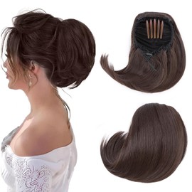 S-noilite Drawstring Hair Bun Ponytail Extensions,Short Ponytail Synthetic Comb Clip in Updo Hairpiece Fake Hair,12 inch Straight Hepburn Scrunchies Bun Hair Piece,Auburn Brown
