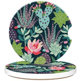 sndheke Car Cup Holder Coaster for Drinks, 2 Pack Car Coasters for Cup Holder, Succulents and Cactuses Anti-Slip Absorbent Ceramic Car Cup Coasters with Cork Base for Drinks Coffee Women Men 2.56"