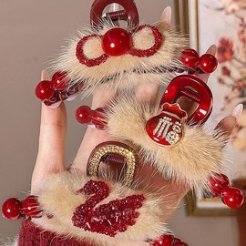2024 New Year Red Pooh Pearl Hair Claw Clip & Shark Hairpin for Women Free Size/Swan Clip 20ea