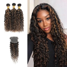 JOLAI Highlight Black and Brown Bundles With Closure Water Wave 100% Unprocessed Human Hair Wet and Wavy Human Hair 10 12 14 inch 3 Bundles with 10 inch 4x4 HD Lace Closure Brazilian Remy Hair #F1b/30