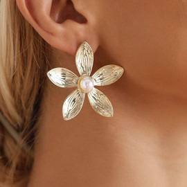 Cimenexe Bohemian Pearl Flower Earrings Gold Metal Flower Earrings Round Pearl Petal Stud Earrings Exaggerated Flower Earrings Jewelry for Women