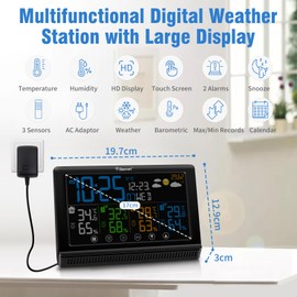 Geevon Weather Stations Wireless Indoor Outdoor, Digital Color Display Thermometer Hygrometer with 3 Sensors, AC Adaptor and Adjustable Backlight, Temperature Humidity Monitor for Home Office Bedroom