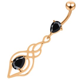 Rose Gold Plated Black Cz Stone Celtic Lotus Leaf Dangling Design 925 Sterling Silver with Stainless Steel Belly Ring - Belly Button jewelry - Navel jewelry