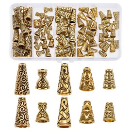 PH PandaHall 80pcs Cone Bead Caps Antique Golden Bead Caps, 5 Styles Tibetan Style Alloy Spacers Bead Caps Tassel End Cap for Earring Necklaces Keychain Pendants Jewellery Making DIY Crafts