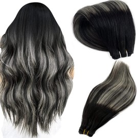 Smartinnov Human Hair Extensions Silver Hair Weft 12Inch 80g Balayage Hair Extensions Hand Tied #1B Off Black Ombre to Silver Mixed with Black 100% Remy Human Hair Bundles Double Weft Hair Extensions
