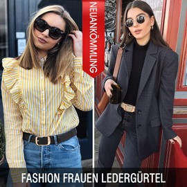 WHIPPY Women Plus Size Leather Belt Fashion Cowhide Belt with Fixed Pin Buckle for Jeans Pants Dress, I-Black + Beige (Gold Buckle)