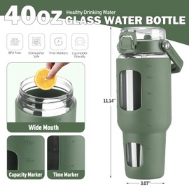 BLUEGO 40 oz Glass Water Bottle with Straw, Leakproof and Time Marker, Wide Mouth for Travel, Gym, Workout, Olive