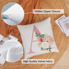 Alphabet Decorative Pillow Covers 16x16 Inch Pink Letter A Pillow Covers Floral Initial Throw Pillow Covers Soft White Velvet Square Cushion Covers Pillow Cases Home Sofa Couch Cushion Cases (A)