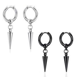 JYNXOR 2 Pairs of Men's Stainless Steel Earrings Set, Stud Earrings, Hoop Earrings, Gothic Piercing, Cartilage Earrings, Dangling Piercing, Cartilage for Men and Women (Black + Silver)