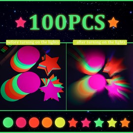 Lincia 100 Sheets Neon Paper Bulk Glow Party Supplies and Decorations UV Neon Cardstock with 200 Self Adhesive Dots Neon Party Supplies for Dance Floor Black Light Neon Wedding Birthday Party