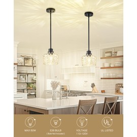 Emak 8 Inch Pendant Lights Kitchen Island, Black Pendant Light Fixtures with Hammered Glass Shade, Modern Farmhouse Island Lights for Kitchen, PL122-BK-HG