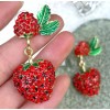 Betsey Johnson Red Rhinestone STRAWBERRY Fruit Green Enamel Leaf Betsey