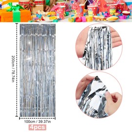 4pcs Tinsel Curtain Silver 1 m x 2 m Glitter Curtain Tinsel Glitter Curtain Birthday Tinsel Curtain Curtains Foil Streamers Party Decoration Background for Birthday Decoration New Year's Eve Wedding