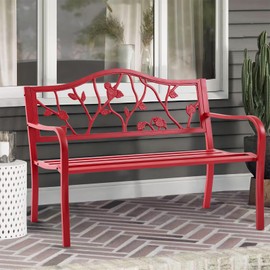 Attliasalon 50” Strawberry Outdoor Garden Bench, Weatherproof Sturdy Cast Iron Metal Frame Patio Park Bench for Porch Yard Lawn Deck Park (Red Strawberry Style)