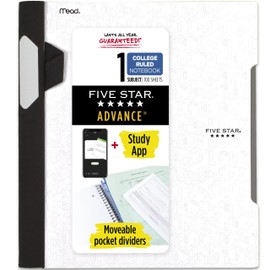 Five Star Advance Spiral Notebook + Study App, 1 Subject, College Ruled Paper, 8-1/2" x 11", 100 Sheets, Spiral Guard, Movable Tabbed Dividers, White (820012B-ECM)