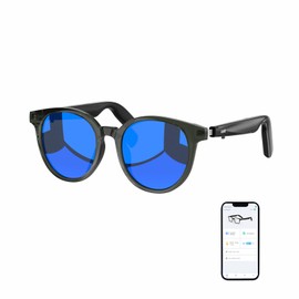 GetD Smart Sunglasses, Round Polarized Lens Bluetooth Glasses for Women with Speaker, Music Glasses Audio (Grey Frame+Blue Lens)