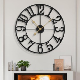 LEIKE Large Wall Clocks,Silent,Non Ticking,Battery Operated Big Retro Round Modern Metal Wall Clock for Living Room, Bedroom,Dinning Room,Farmhouse,Office,Home Decor-20 Inch(Black-Arabic Number)