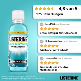 Listerine LISTERINE Cool Mint Mild (95 ml), antibakterielle Mundspülung mit ätherischen Ölen & ohne Alkohol, mildes Zahnpflege Mundwasser, reduziert Zahnbelag, bekämpft wirksam Mundgeruch