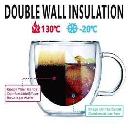 SCJHMY Double Walled Coffee Glasses Mugs Cappuccino Latte Macchiato Glasses Cups with Handle Borosilicate Heat Resistant Glass Cups for Coffee Tea Milk Juice Ice Cream (2x250ml)