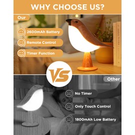 Small Bird Table Lamp, 2600mAh Touch Cordless Bedside Lamp with Remote Control, 3-Color Dimmable Kids Night Light, Rechargeable Desk Lamp with Timer and Bird Sounds for Toddler Kids Bedroom Nightstand